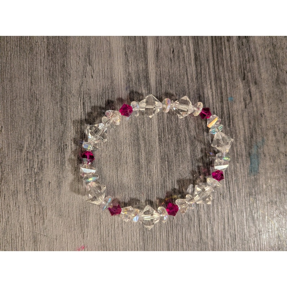 Handmade Magenta Pink and Clear AB Crystal Beaded Stretch Bracelet Faceted Glass